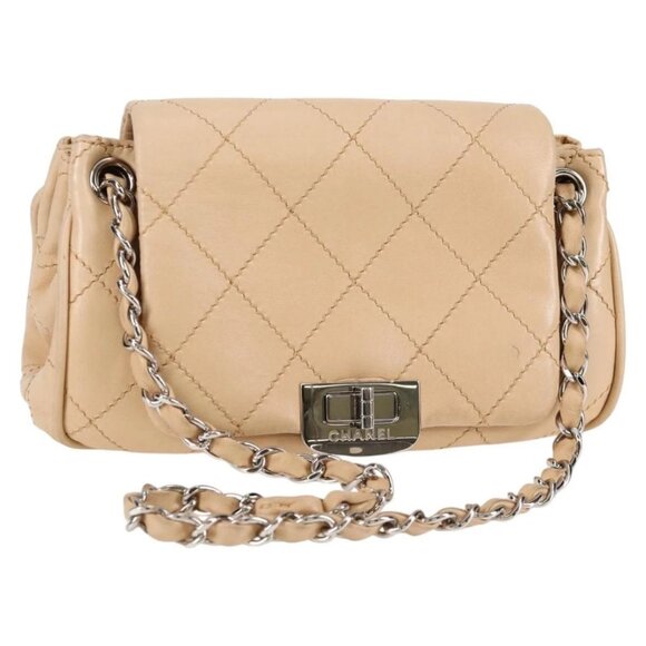 CHANEL Wild Stitch Chain Shoulder Bag Lamb Skin Beige Silver CC Auth PP878 - Picture 1 of 16